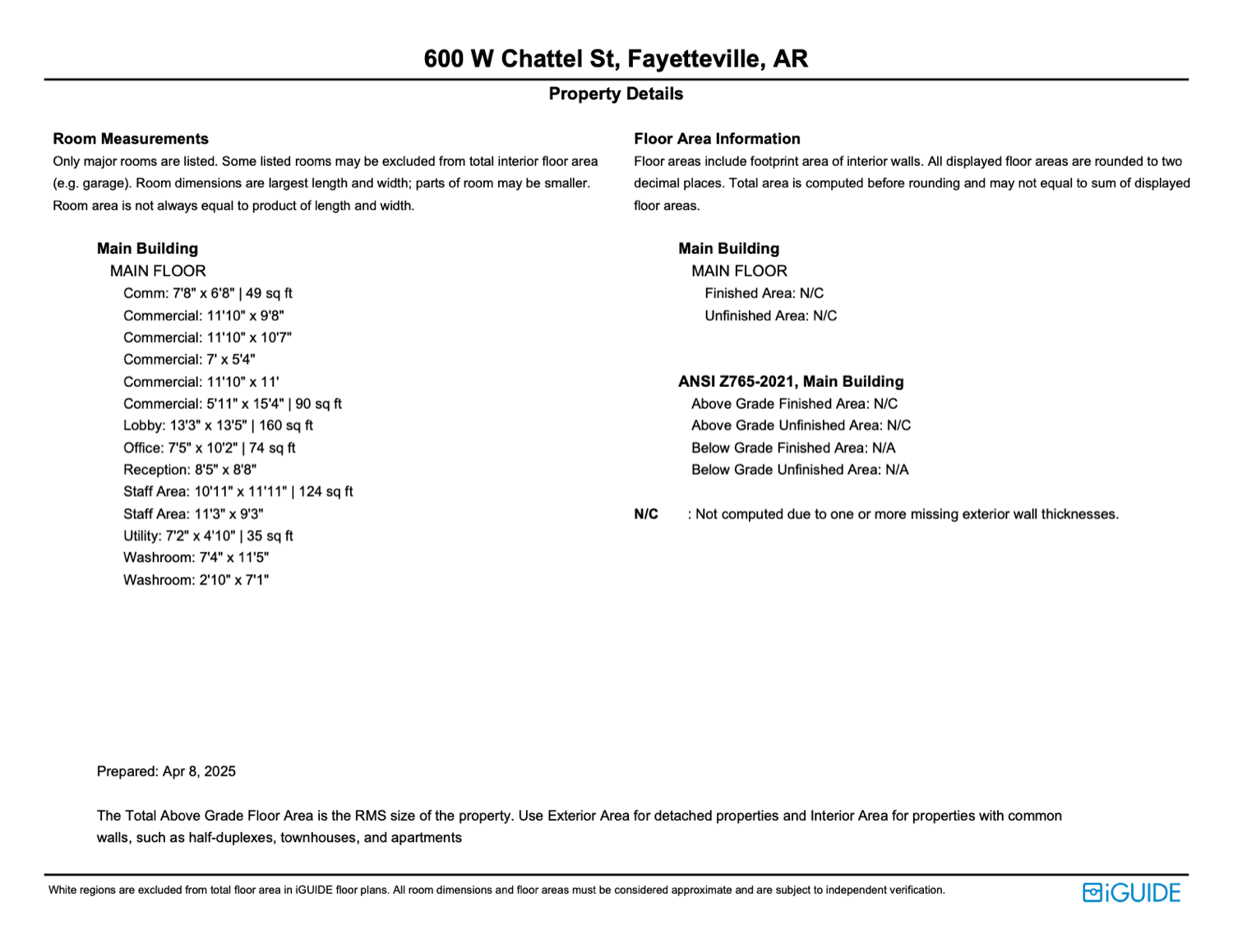 Area report — room-by-room measurements and floor area