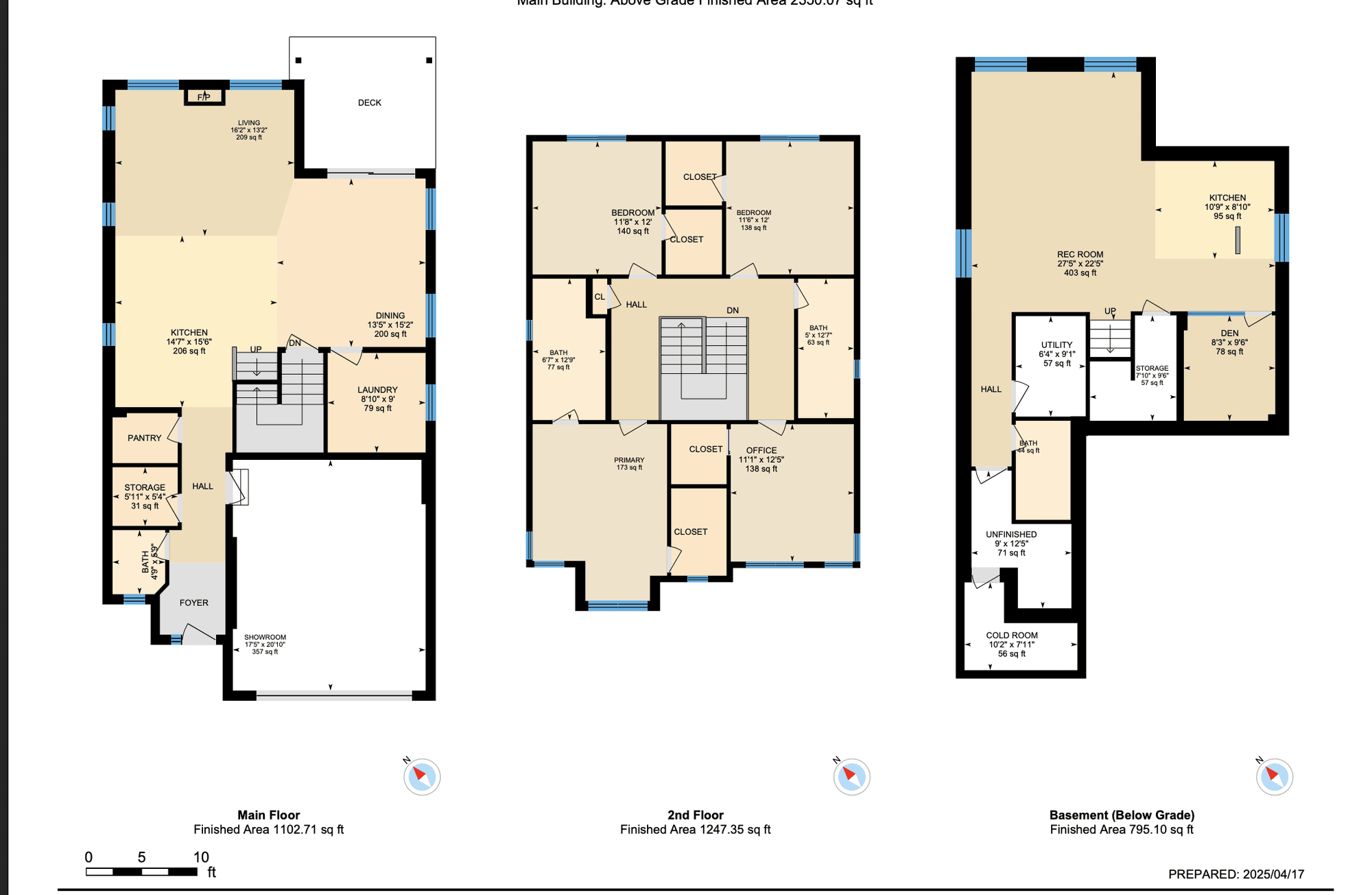 Sample floor plan sheet showing main floor, second floor, and basement with room labels and dimensions